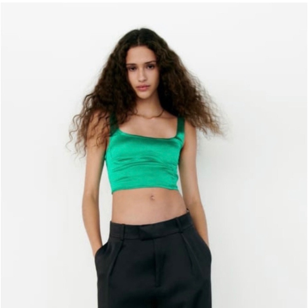 Zara Green Satin Corset Crop Top Square Neck Size M